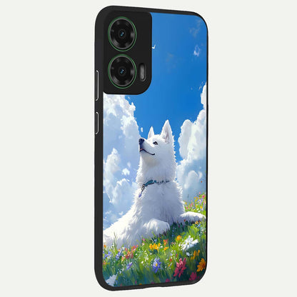  Blissful Cloud Pup back cover For Moto G35 slim fit glass case with vibrant aesthetic design