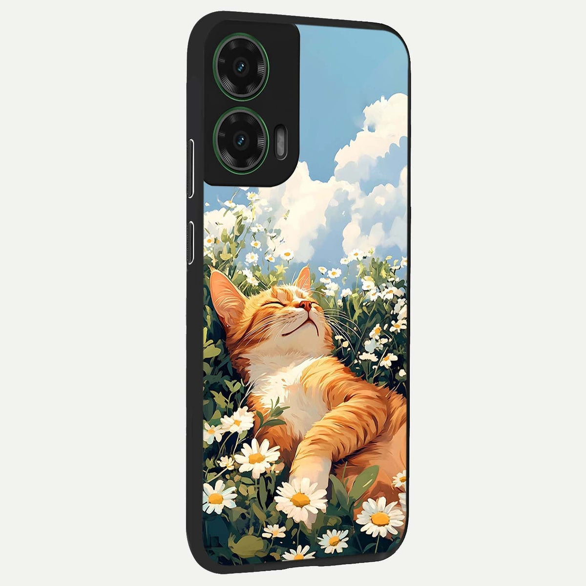  Cat And Flowers View back cover For Moto G35 slim fit glass case with vibrant aesthetic design