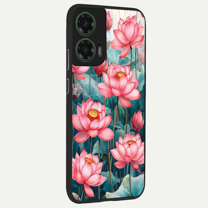  Celestial Pink Lotus back cover For Moto G35 slim fit glass case with vibrant aesthetic design