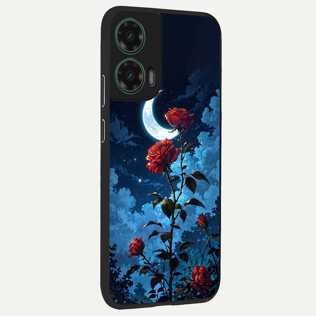  Crimson Rose Moon back cover For Moto G35 slim fit glass case with vibrant aesthetic design