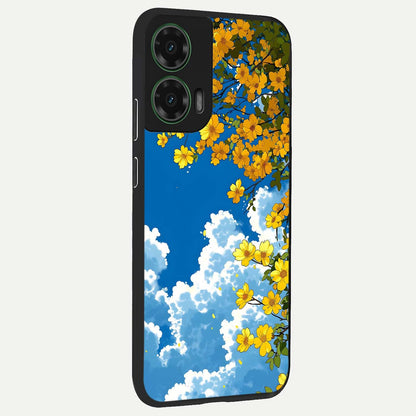  Golden Petal Sky back cover For Moto G35 slim fit glass case with vibrant aesthetic design