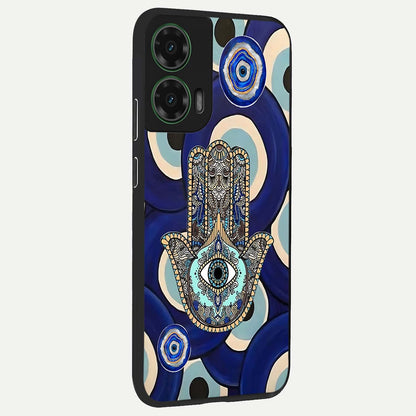  Hamsa Divine Guard back cover For Moto G35 slim fit glass case with vibrant aesthetic design