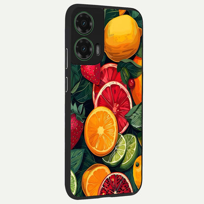  Multiple Fruits back cover For Moto G35 slim fit glass case with vibrant aesthetic design