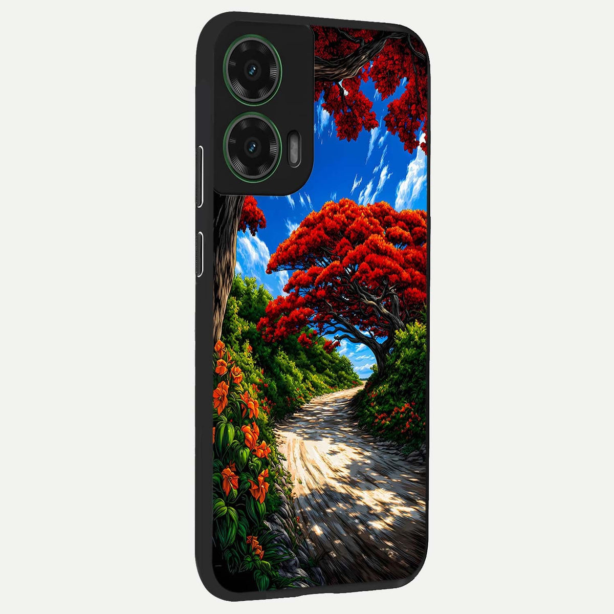  Red Trees Pathway back cover For Moto G35 slim fit glass case with vibrant aesthetic design