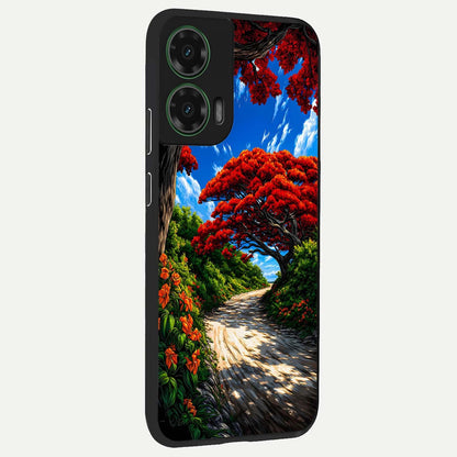  Red Trees Pathway back cover For Moto G35 slim fit glass case with vibrant aesthetic design