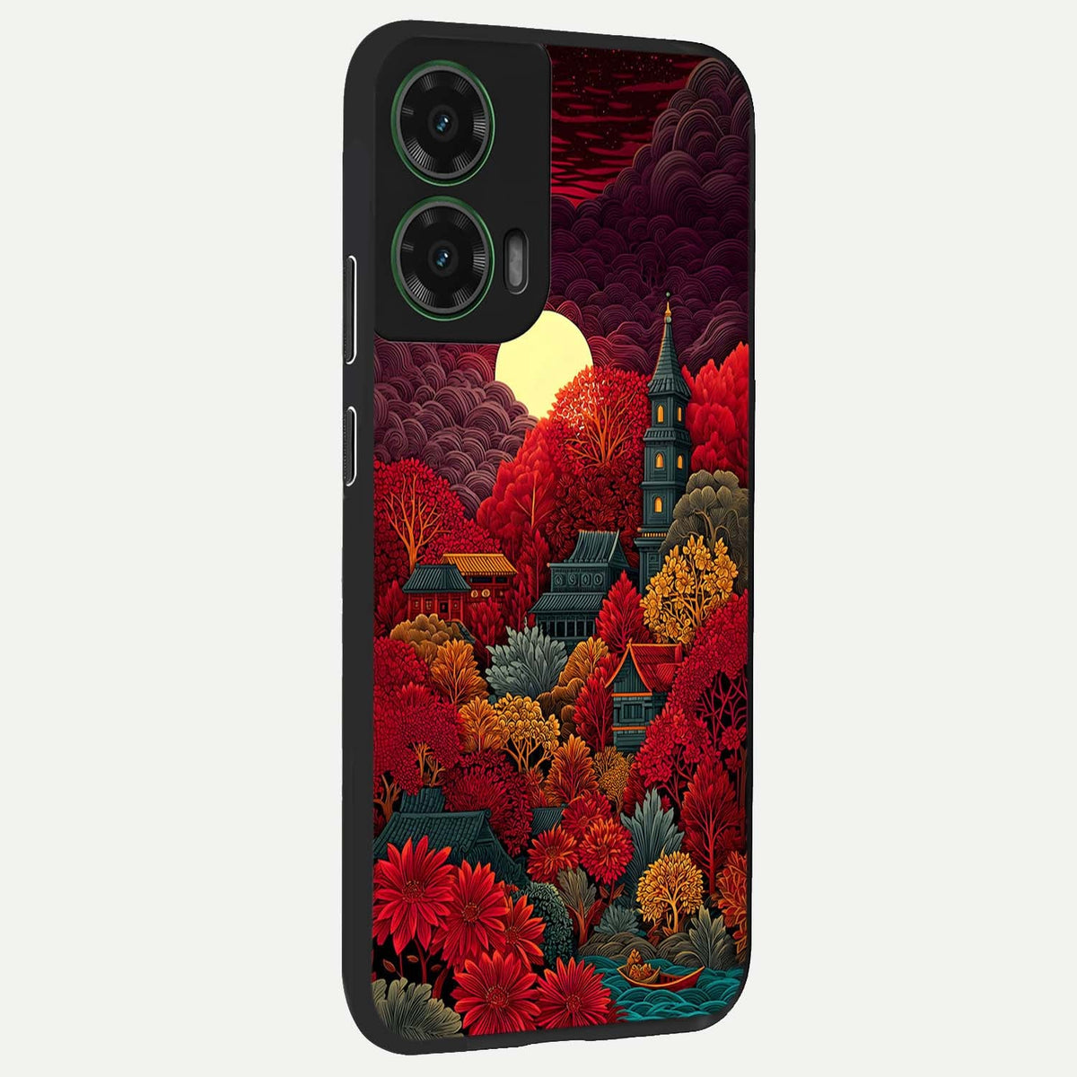  Scarlet Autumn Temple back cover For Moto G35 slim fit glass case with vibrant aesthetic design