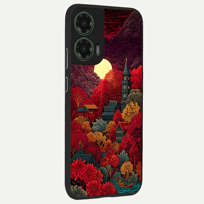  Scarlet Autumn Temple back cover For Moto G35 slim fit glass case with vibrant aesthetic design