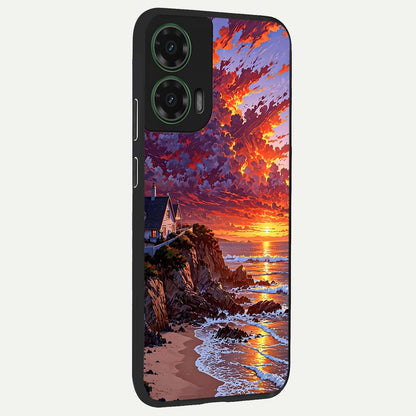  Sunset House By Sea back cover For Moto G35 slim fit glass case with vibrant aesthetic design