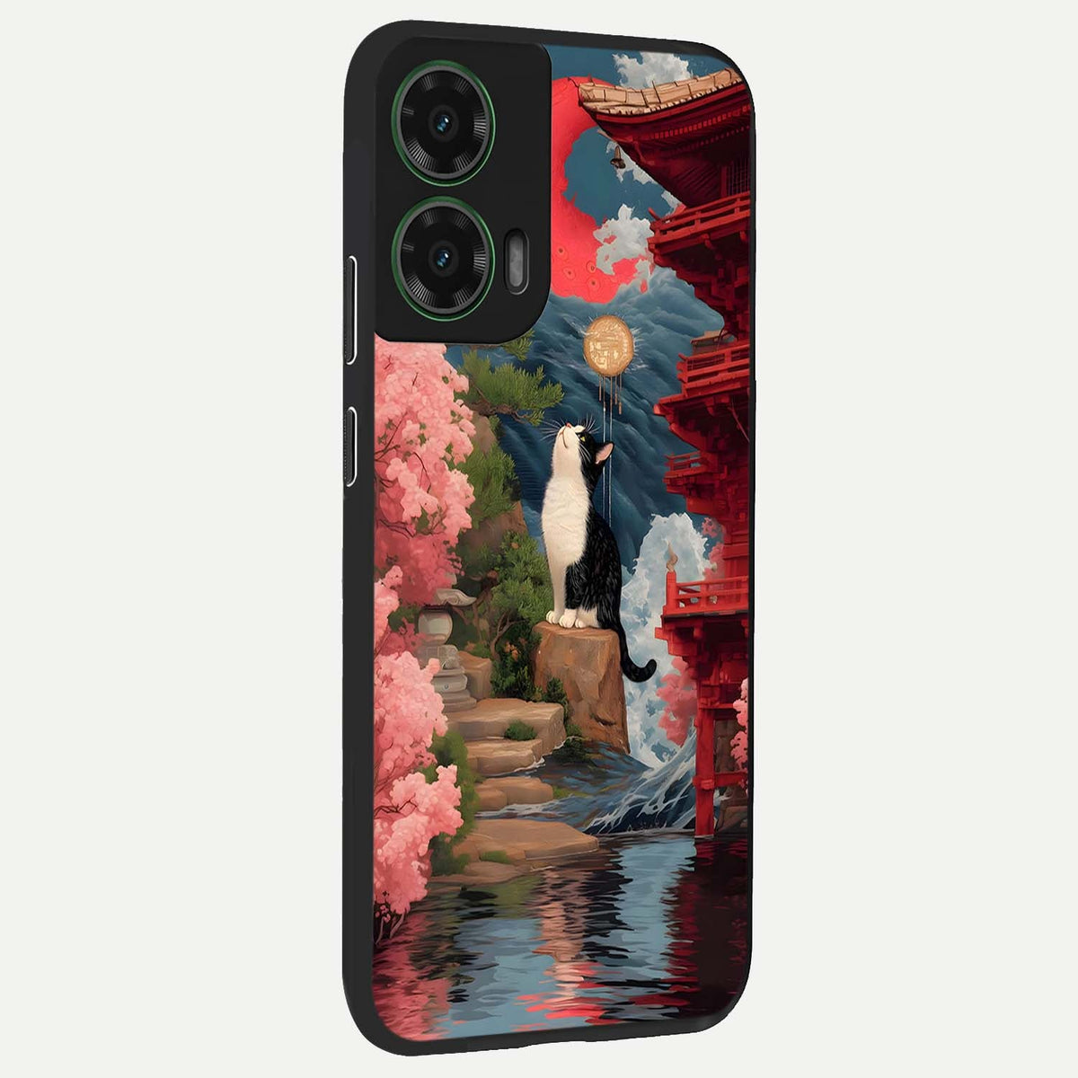  Temple Cat Scenery back cover For Moto G35 slim fit glass case with vibrant aesthetic design
