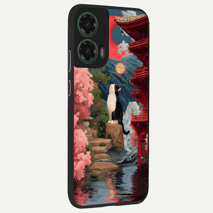  Temple Cat Scenery back cover For Moto G35 slim fit glass case with vibrant aesthetic design