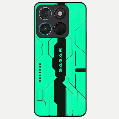  Aqua Tech CYBERPUNK Custom Name Glass Case For Moto G57 Power back cover – full design glossy printed glass finish