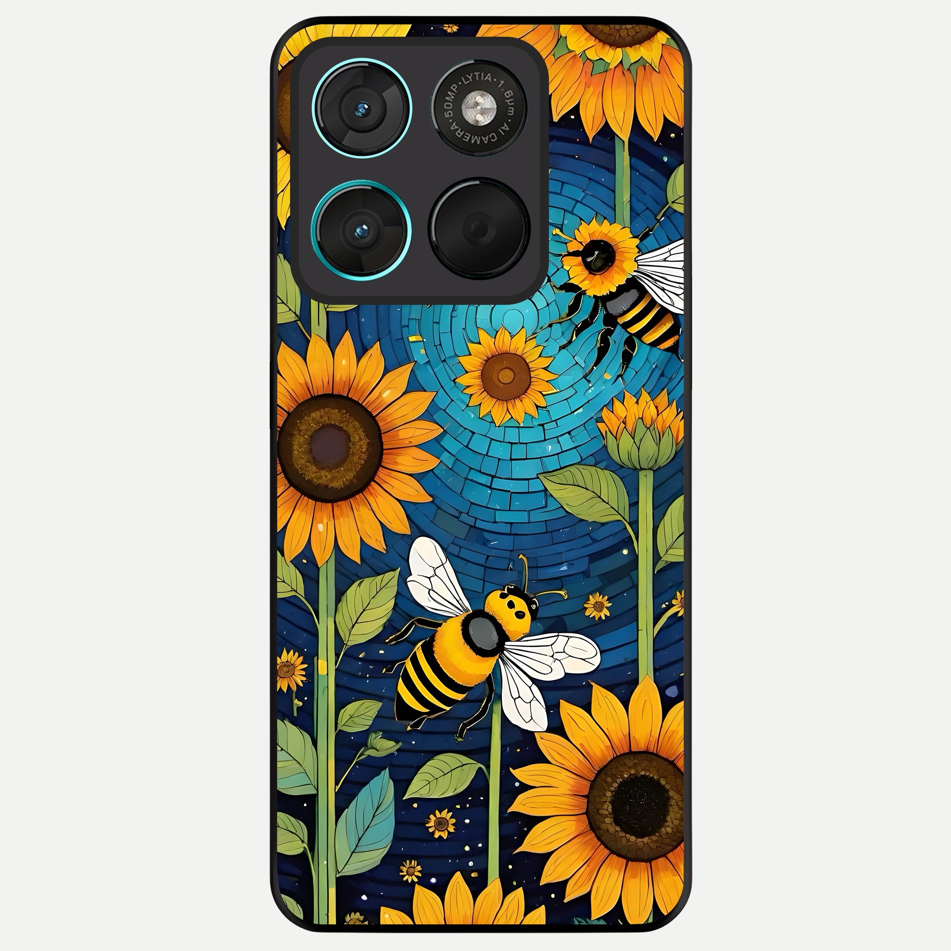  Bees And Sunflowers Glass Case For Moto G57 Power back cover – full design glossy printed glass finish