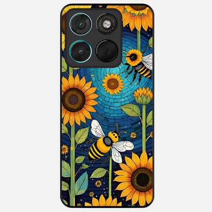  Bees And Sunflowers Glass Case For Moto G57 Power back cover – full design glossy printed glass finish
