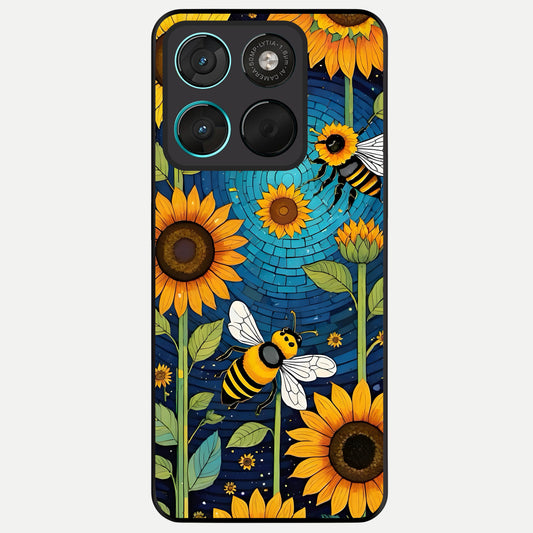  Bees And Sunflowers Glass Case For Moto G57 Power back cover – full design glossy printed glass finish