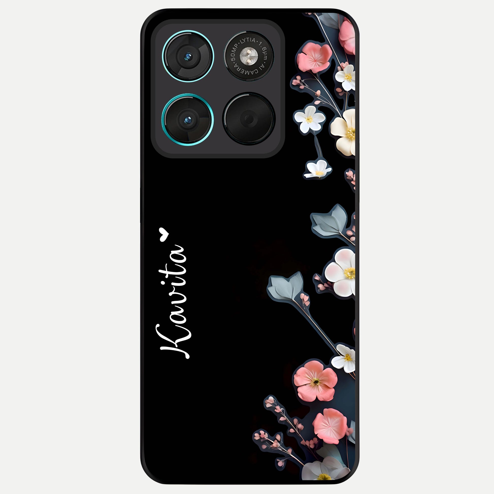  Black Elegance Floral Custom Name Glass Case For Moto G57 Power back cover – full design glossy printed glass finish