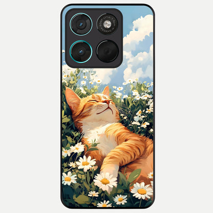  Cat And Flowers View Glass Case For Moto G57 Power back cover – full design glossy printed glass finish
