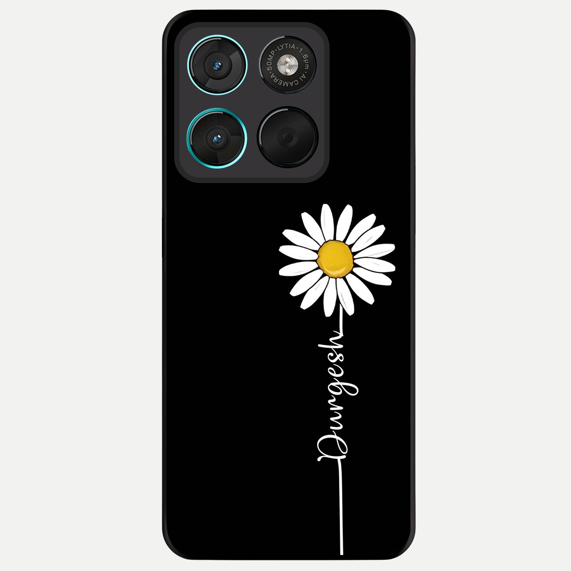  Custom Name White Flower Glass Case For Moto G57 Power back cover – full design glossy printed glass finish