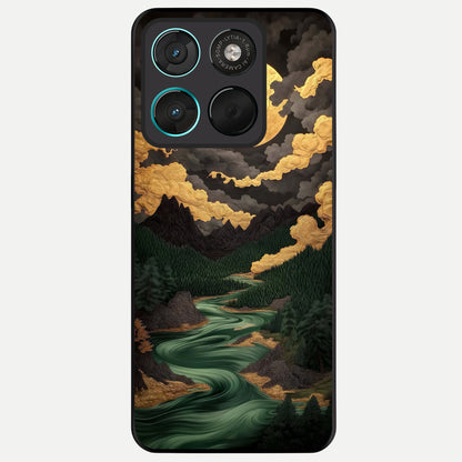  Golden River Moon Glass Case For Moto G57 Power back cover – full design glossy printed glass finish