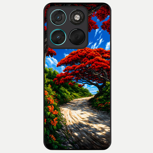 Red Trees Pathway Glass Case For Moto G57 Power back cover – full design glossy printed glass finish