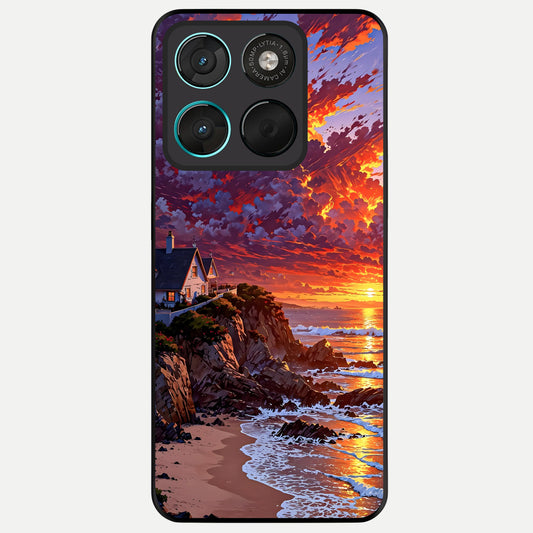  Sunset House By Sea Glass Case For Moto G57 Power back cover – full design glossy printed glass finish
