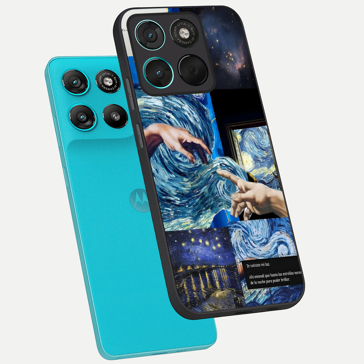  Aesthetic Vando Hands phone case For Moto G57 Power showing premium glass back cover with detailed artwork