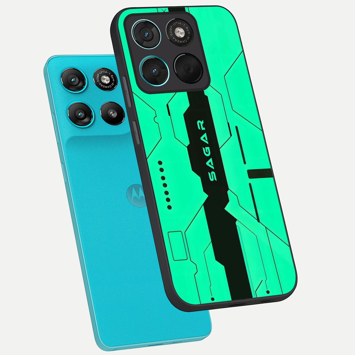  Aqua Tech CYBERPUNK Custom Name phone case For Moto G57 Power showing premium glass back cover with detailed artwork