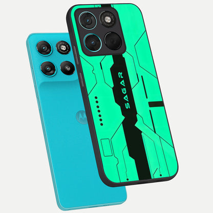  Aqua Tech CYBERPUNK Custom Name phone case For Moto G57 Power showing premium glass back cover with detailed artwork