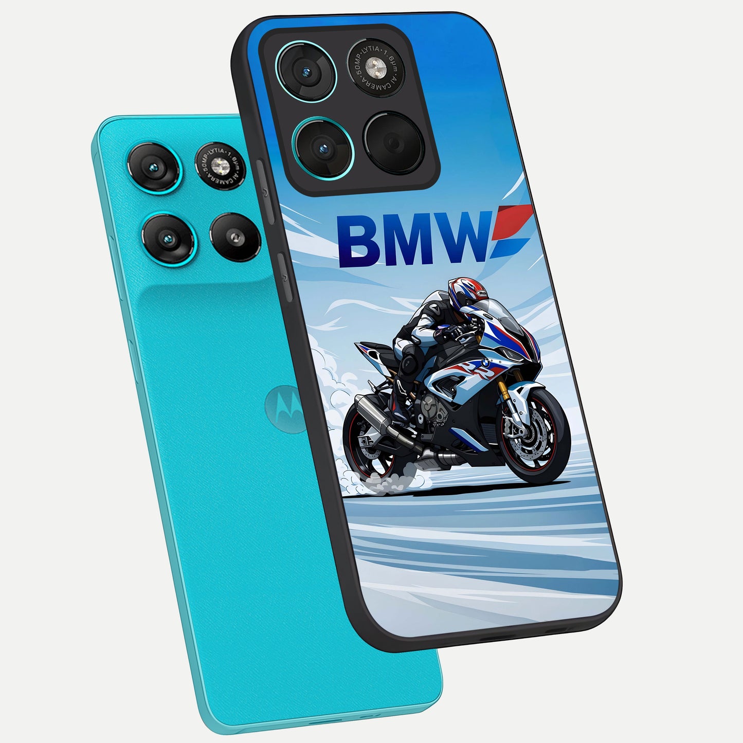  BMW Power Drift phone case For Moto G57 Power showing premium glass back cover with detailed artwork