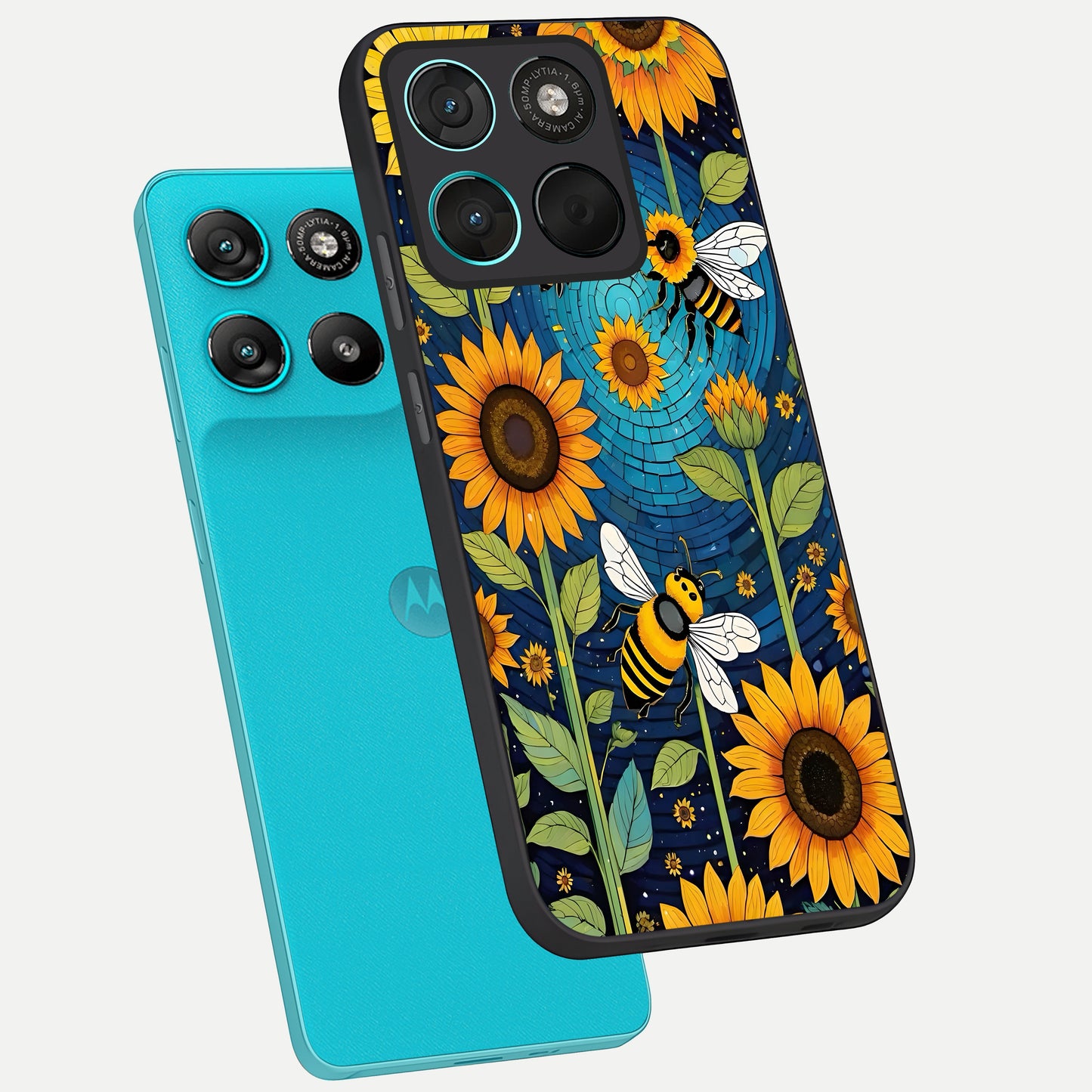  Bees And Sunflowers phone case For Moto G57 Power showing premium glass back cover with detailed artwork