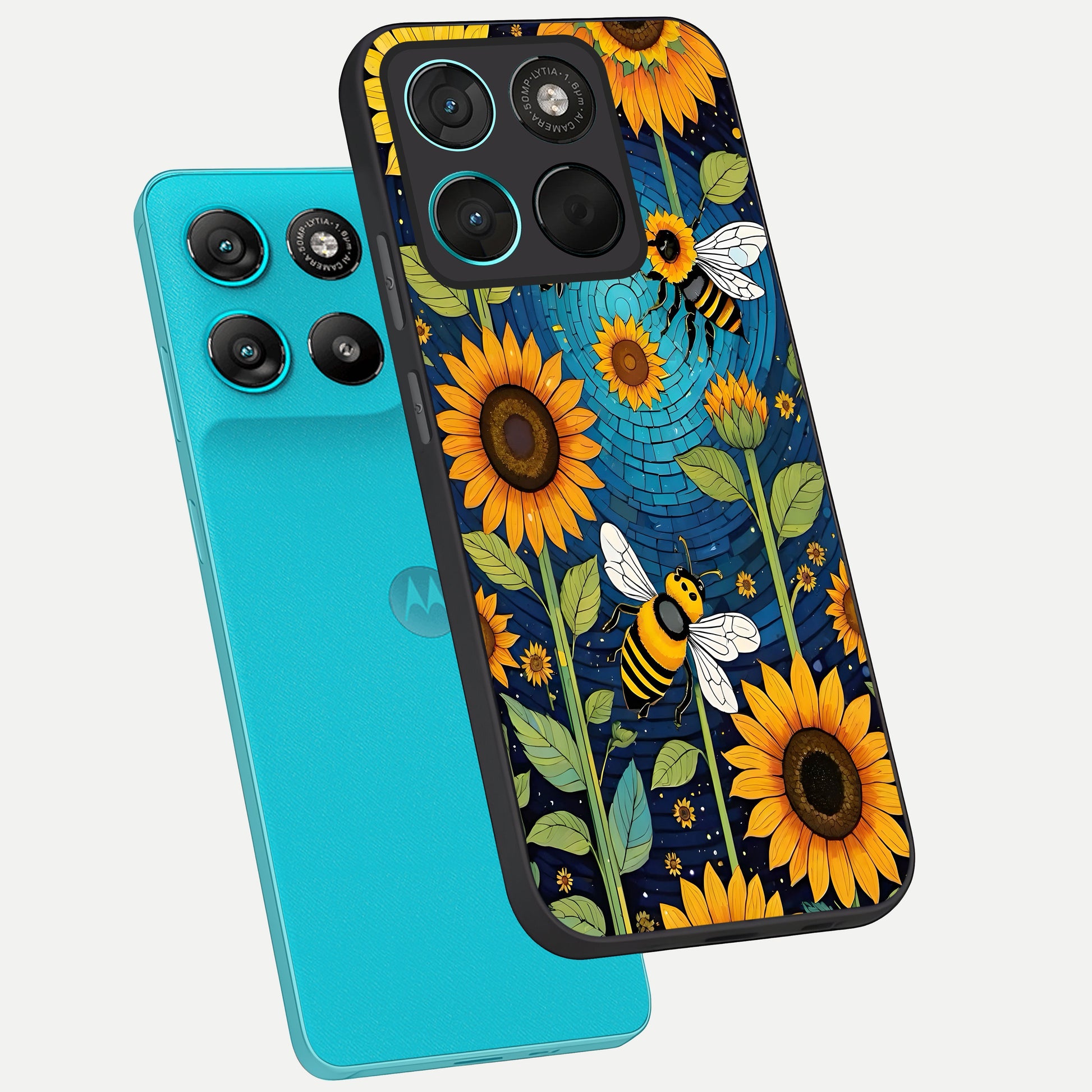  Bees And Sunflowers phone case For Moto G57 Power showing premium glass back cover with detailed artwork