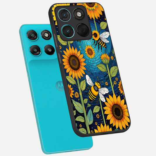  Bees And Sunflowers phone case For Moto G57 Power showing premium glass back cover with detailed artwork