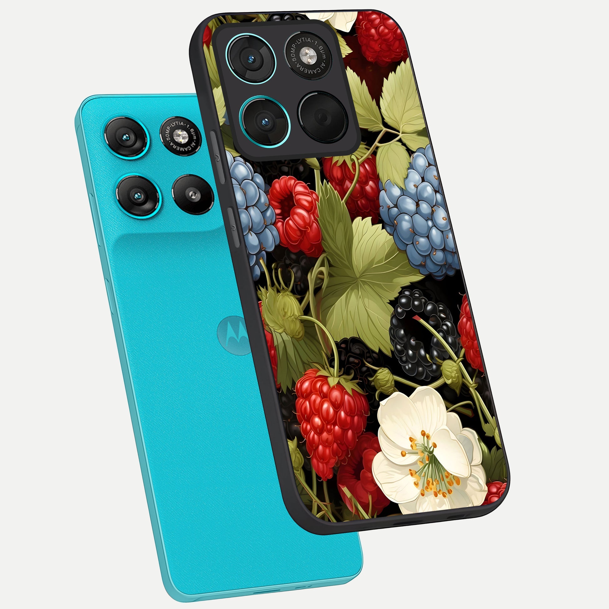  Berry Bloom Charm phone case For Moto G57 Power showing premium glass back cover with detailed artwork