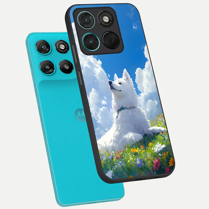  Blissful Cloud Pup phone case For Moto G57 Power showing premium glass back cover with detailed artwork