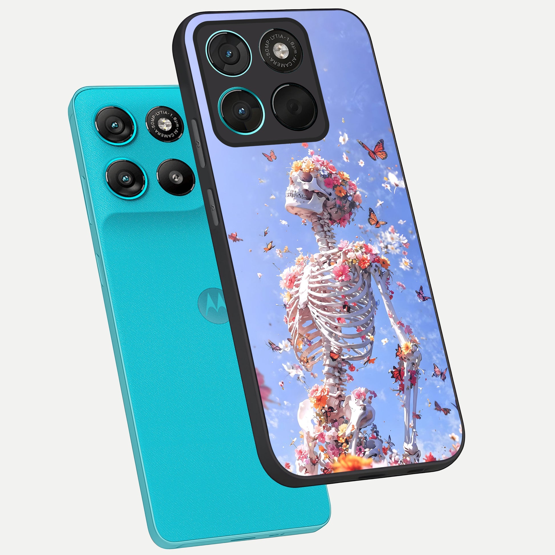  Bloom Beyond Bones phone case For Moto G57 Power showing premium glass back cover with detailed artwork