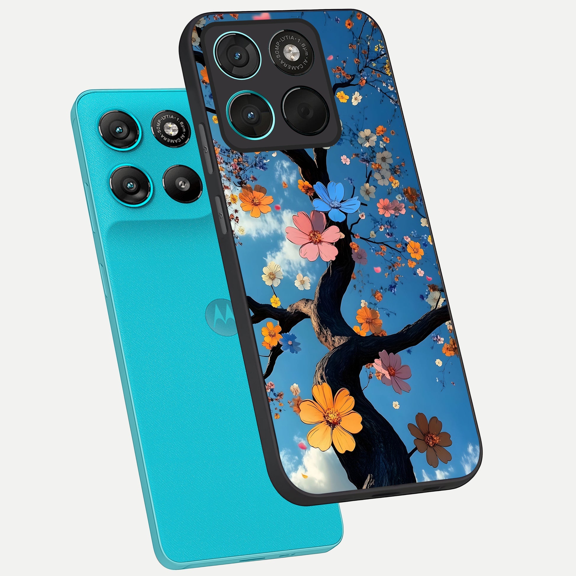 Blossom Dream Sky phone case For Moto G57 Power showing premium glass back cover with detailed artwork