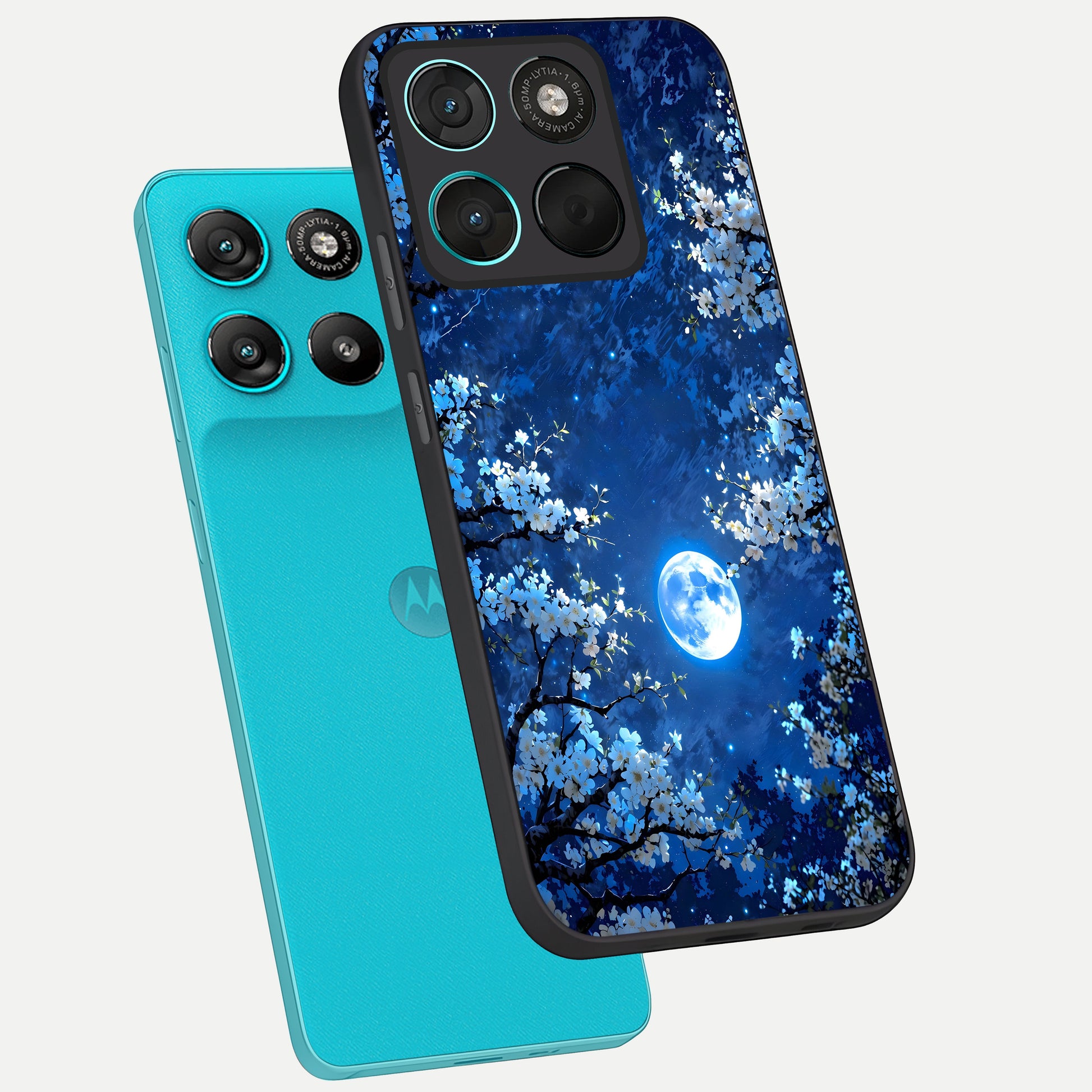  Blossom Moonlight Sky phone case For Moto G57 Power showing premium glass back cover with detailed artwork