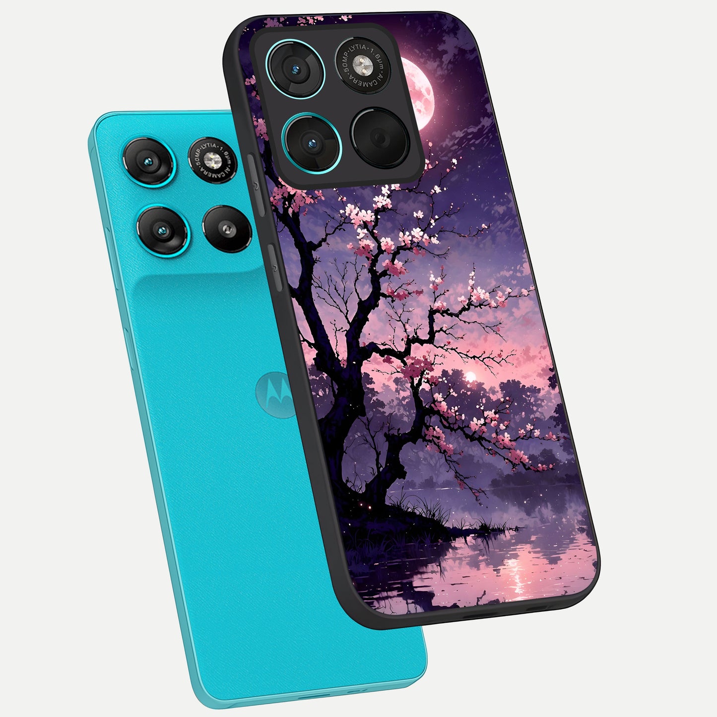  Blossom Pink Moon phone case For Moto G57 Power showing premium glass back cover with detailed artwork