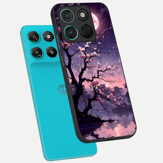  Blossom Pink Moon phone case For Moto G57 Power showing premium glass back cover with detailed artwork