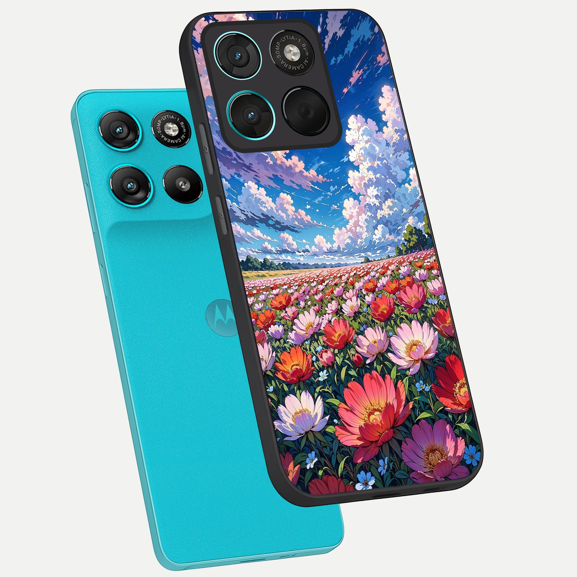  Blossom Sky Field phone case For Moto G57 Power showing premium glass back cover with detailed artwork