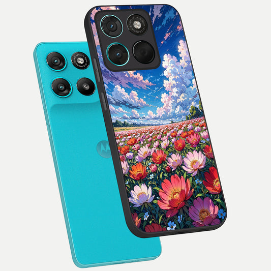  Blossom Sky Field phone case For Moto G57 Power showing premium glass back cover with detailed artwork