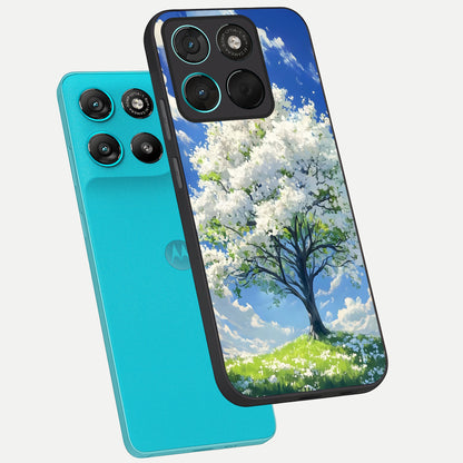  Blossom Sky Serenity phone case For Moto G57 Power showing premium glass back cover with detailed artwork