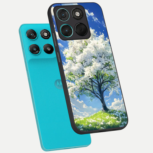  Blossom Sky Serenity phone case For Moto G57 Power showing premium glass back cover with detailed artwork