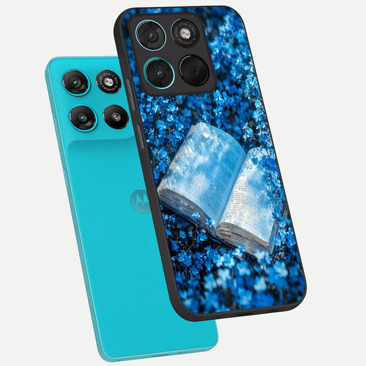  Blue Bloom Tales phone case For Moto G57 Power showing premium glass back cover with detailed artwork