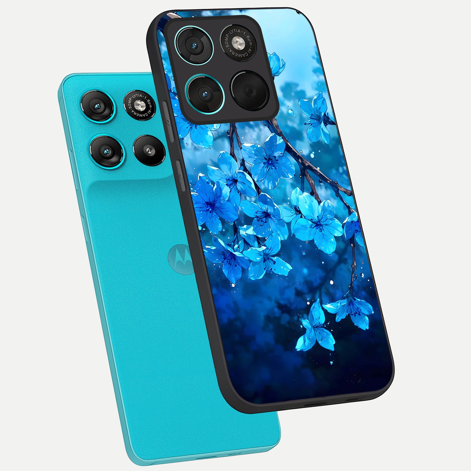  Blue Blossoms Branch phone case For Moto G57 Power showing premium glass back cover with detailed artwork