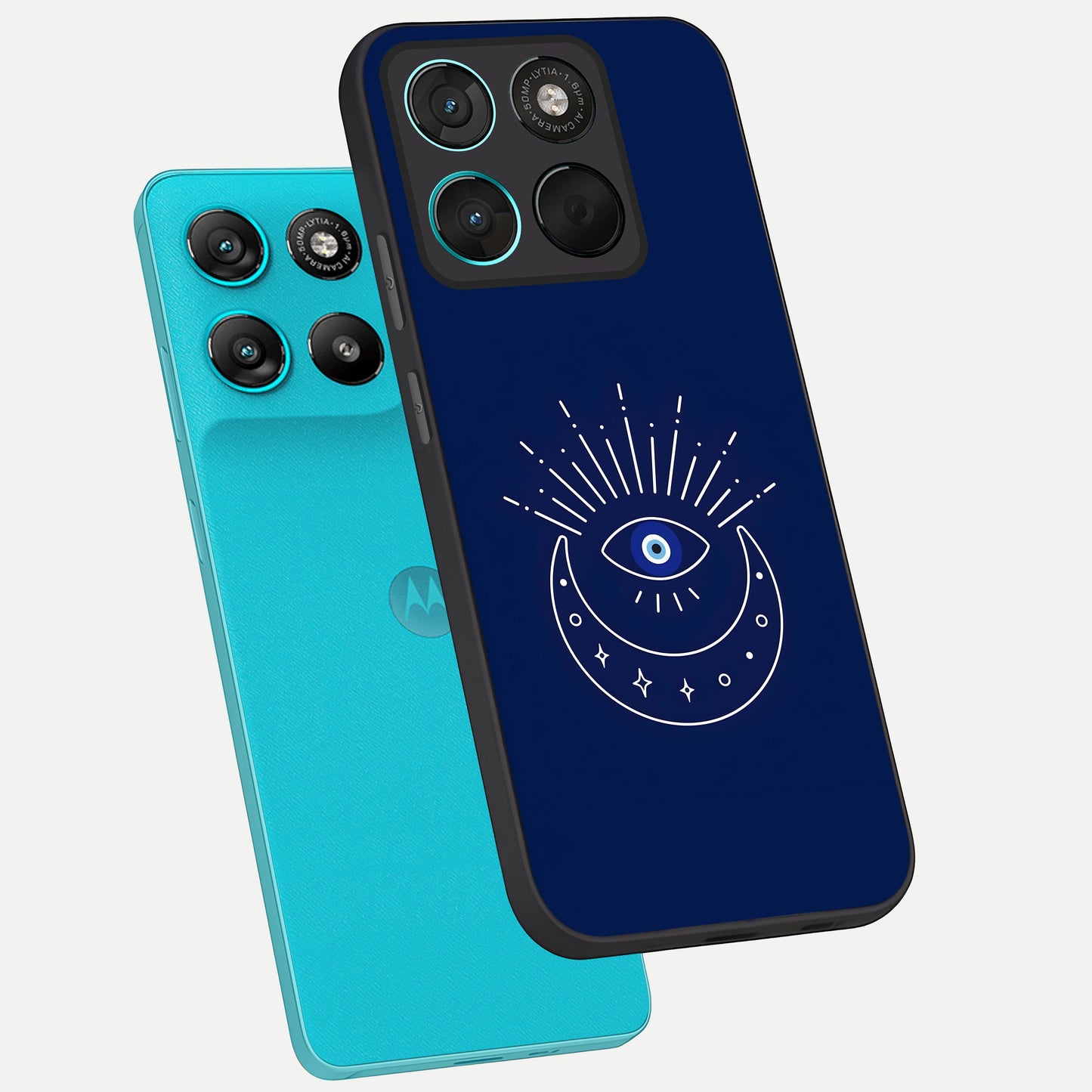  Blue Evil Eye phone case For Moto G57 Power showing premium glass back cover with detailed artwork