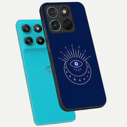  Blue Evil Eye phone case For Moto G57 Power showing premium glass back cover with detailed artwork