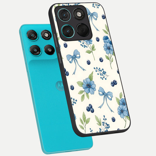  Blue Flower And Bow phone case For Moto G57 Power showing premium glass back cover with detailed artwork