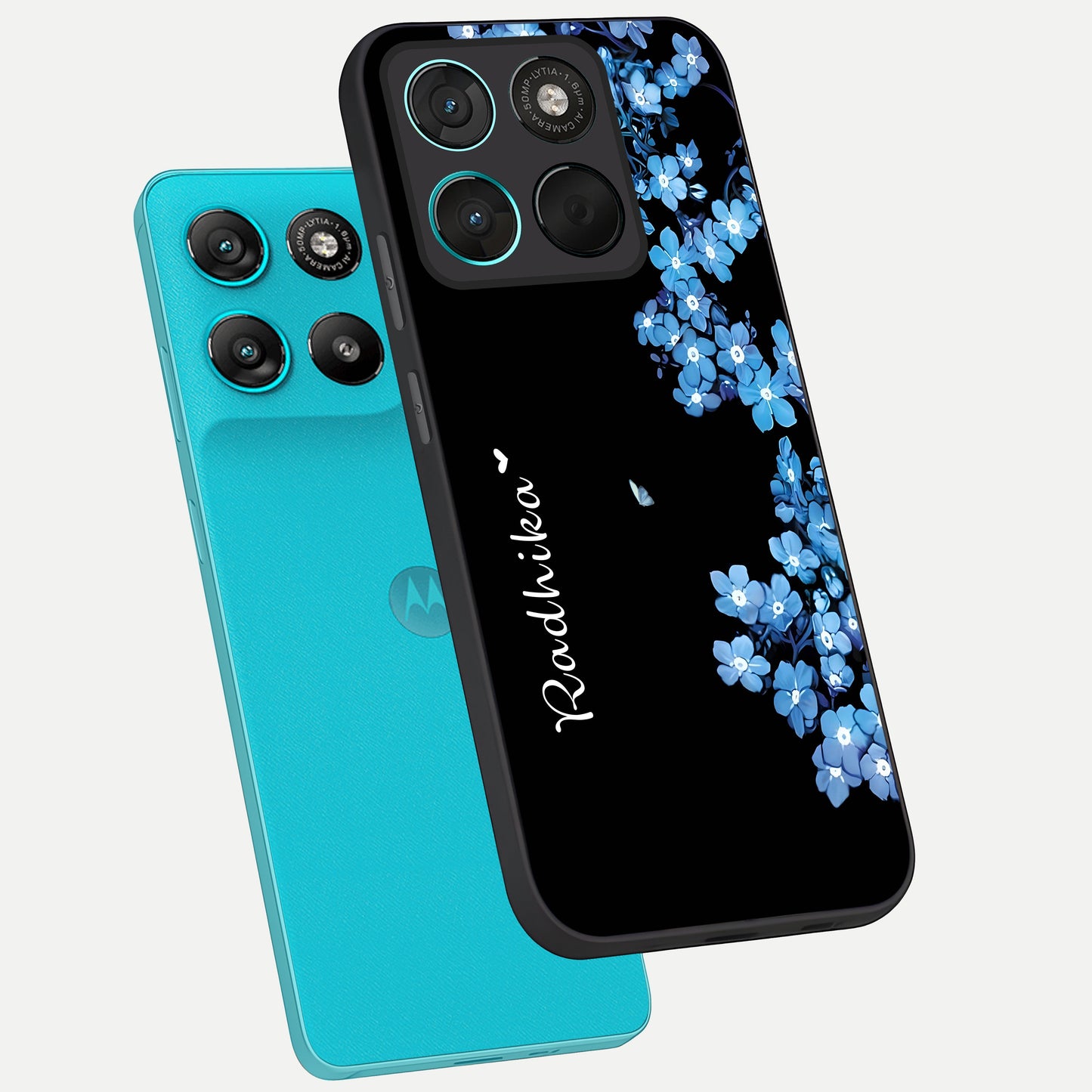  Blue Petal Dream Custom Name phone case For Moto G57 Power showing premium glass back cover with detailed artwork