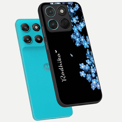  Blue Petal Dream Custom Name phone case For Moto G57 Power showing premium glass back cover with detailed artwork