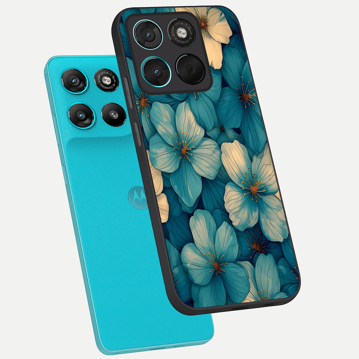  Blue Shade Floral phone case For Moto G57 Power showing premium glass back cover with detailed artwork